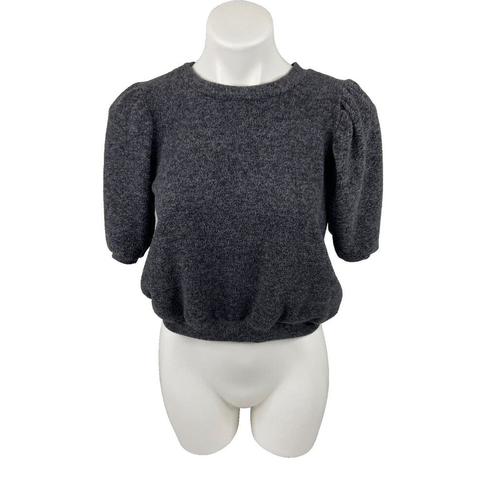Zenana Women Small Gray Cropped Sweater Pullover Puff Sleeves Casual